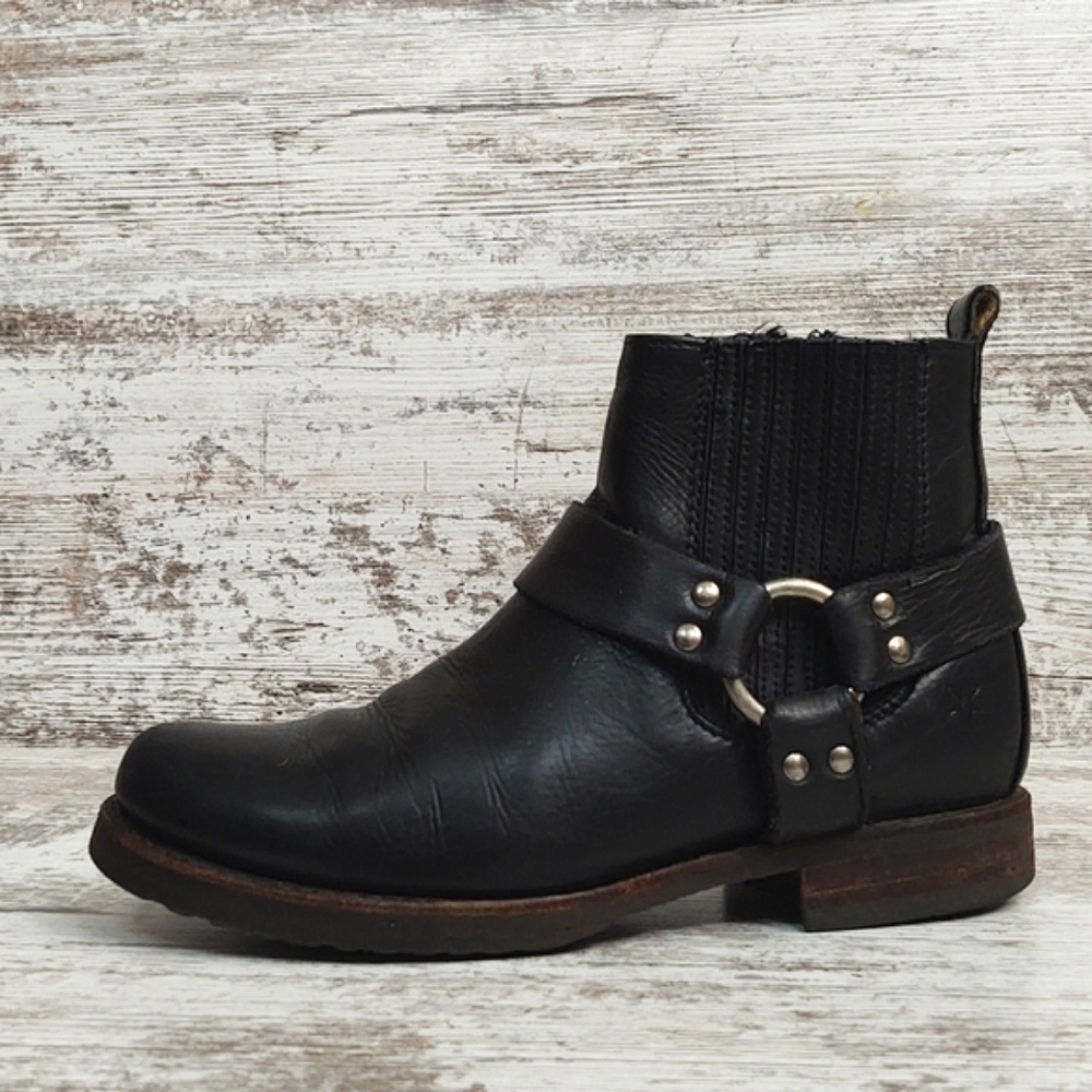 Frye Black Leather Veronica Harness Chelsea Moto Ankle Boot